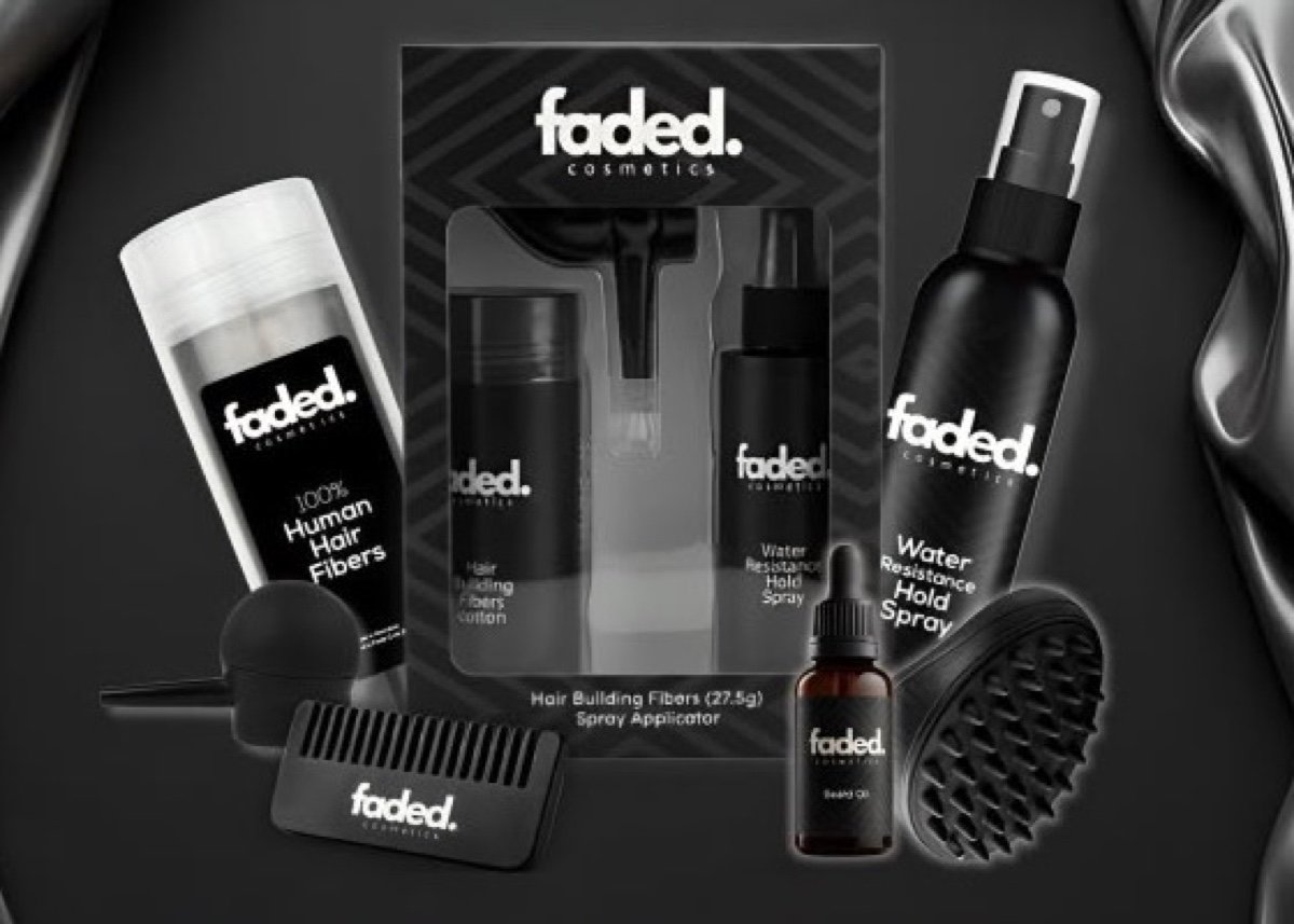The full Faded Cosmetics product range — human hair fibers, hold spray, beard oil, styling kit and brushes